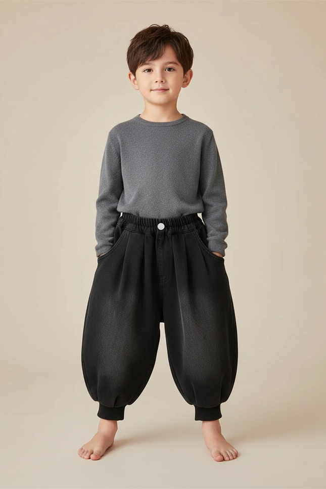 Pantalon Chinois Hiver Denim Noir Ample Enfant - Jean