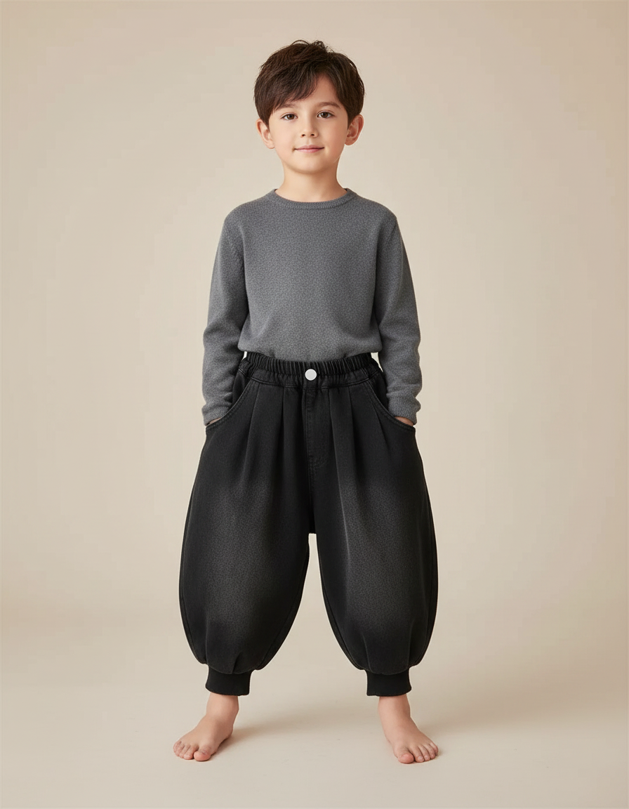 Pantalon Chinois Hiver Denim Noir Ample Enfant - Jean