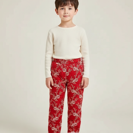 Pantalon Chinois Rouge Matelassé Enfant Motif Floral - Polyester