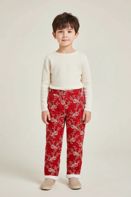 Pantalon Chinois Rouge Matelassé Enfant Motif Floral - Polyester