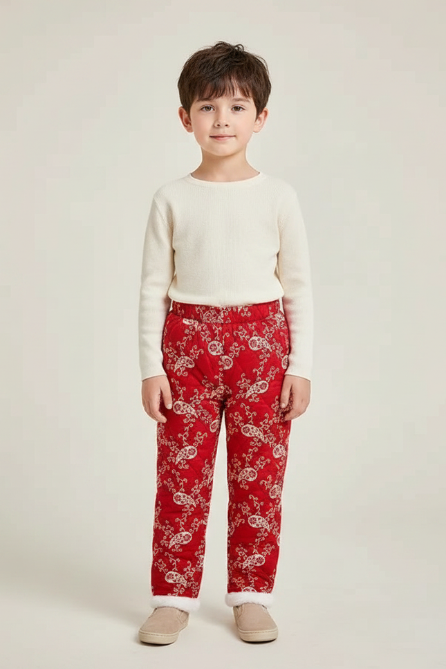 Pantalon Chinois Rouge Matelassé Enfant Motif Floral - Polyester