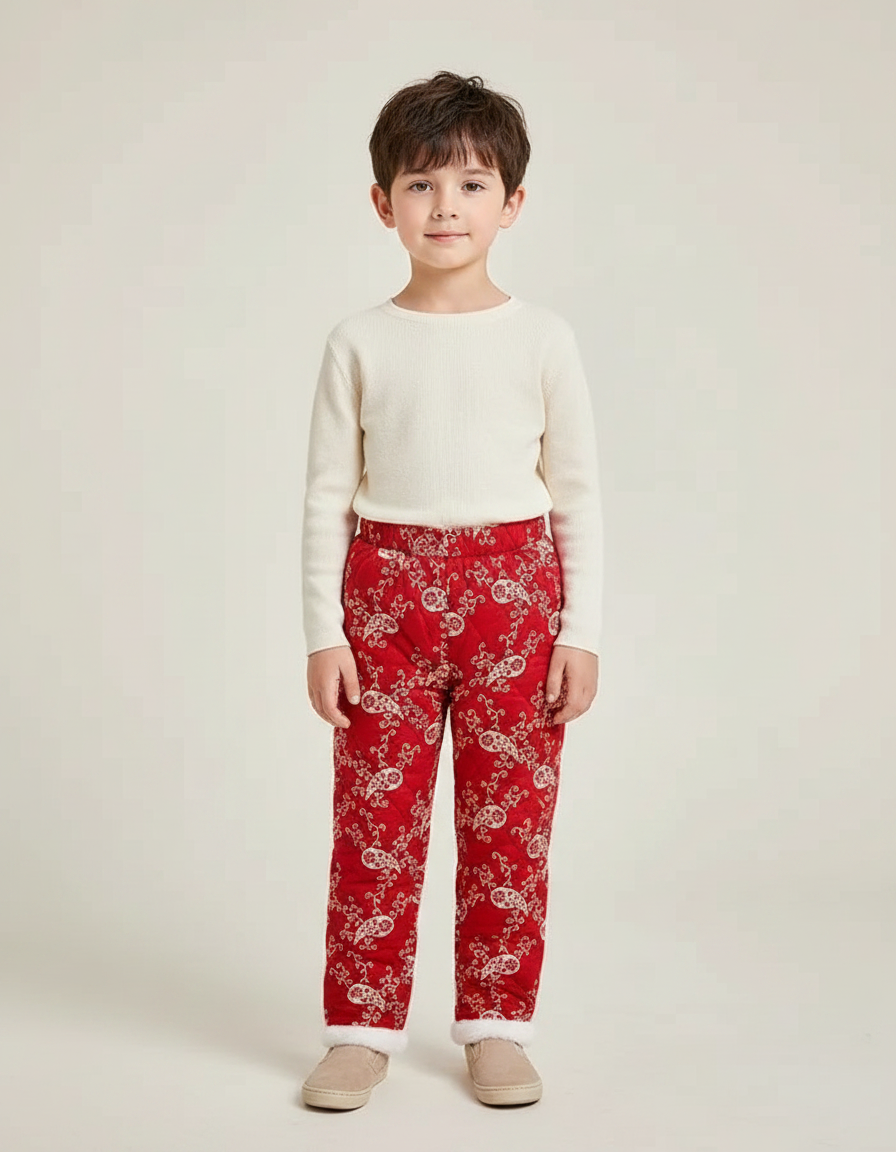 Pantalon Chinois Rouge Matelassé Enfant Motif Floral - Polyester