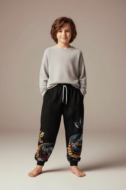 Pantalon Chinois Noir Dragon Streetwear Garçon - Molleton