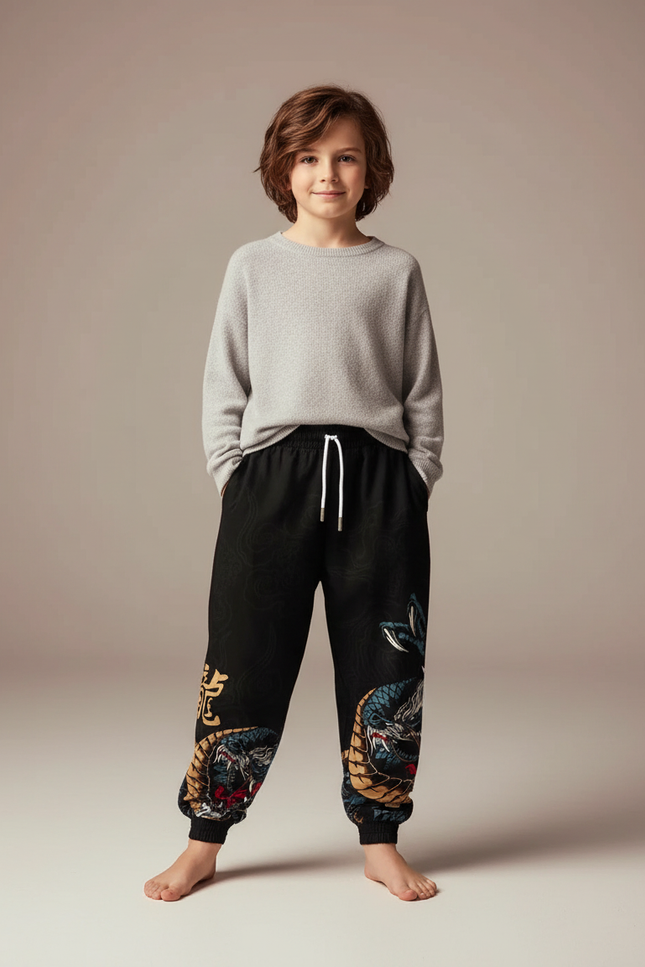 Pantalon Chinois Noir Dragon Streetwear Garçon - Molleton