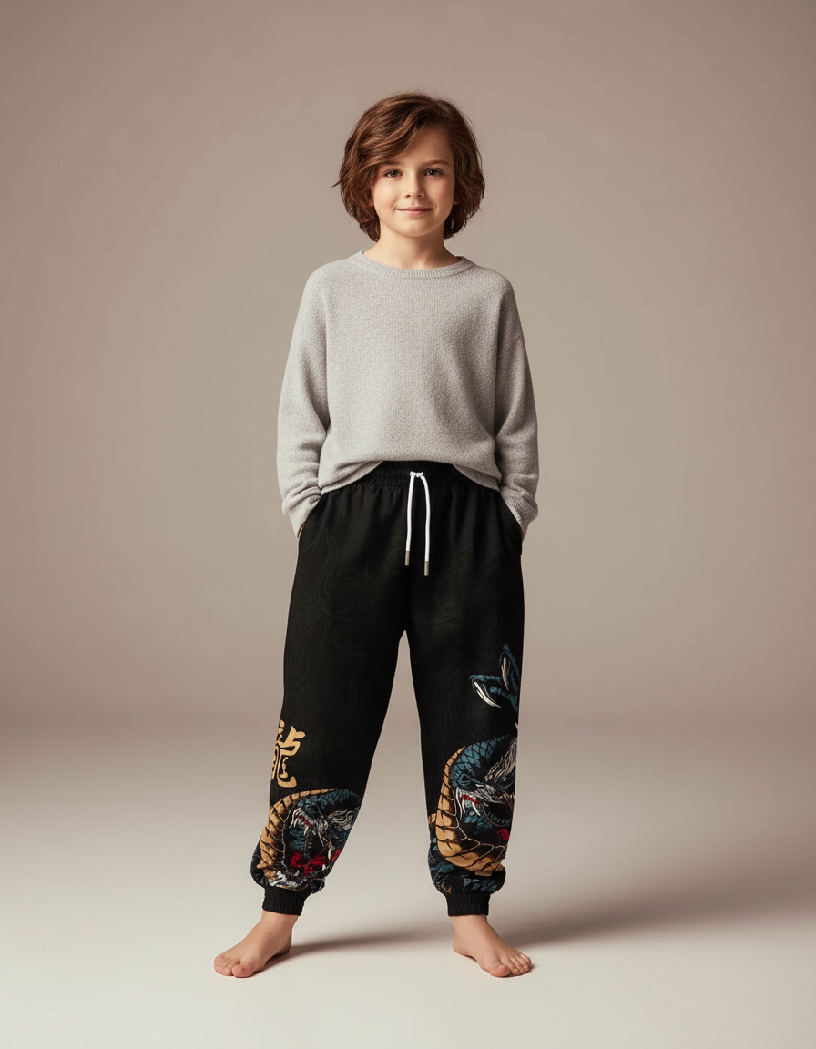 Pantalon Chinois Noir Dragon Streetwear Garçon - Molleton