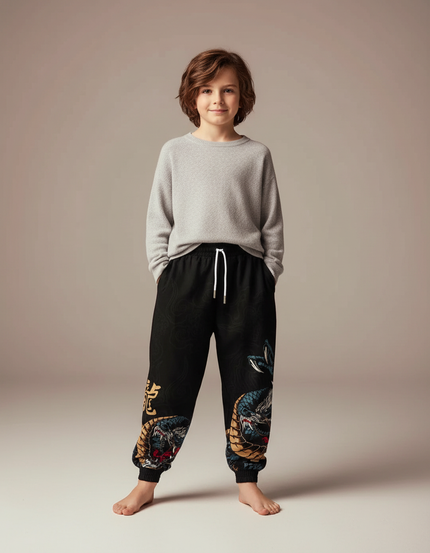 Pantalon Chinois Noir Dragon Streetwear Garçon - Molleton