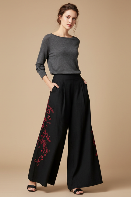 Pantalon Chinois Noir Brodé Ample Fluide Femme - Lin