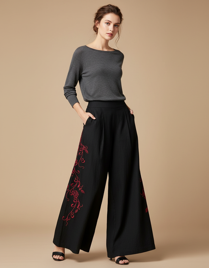 Pantalon Chinois Noir Brodé Ample Fluide Femme - Lin