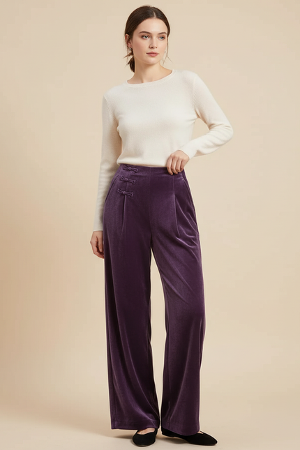 Pantalon Chinois Velours Violet Ample Taille Haute Femme
