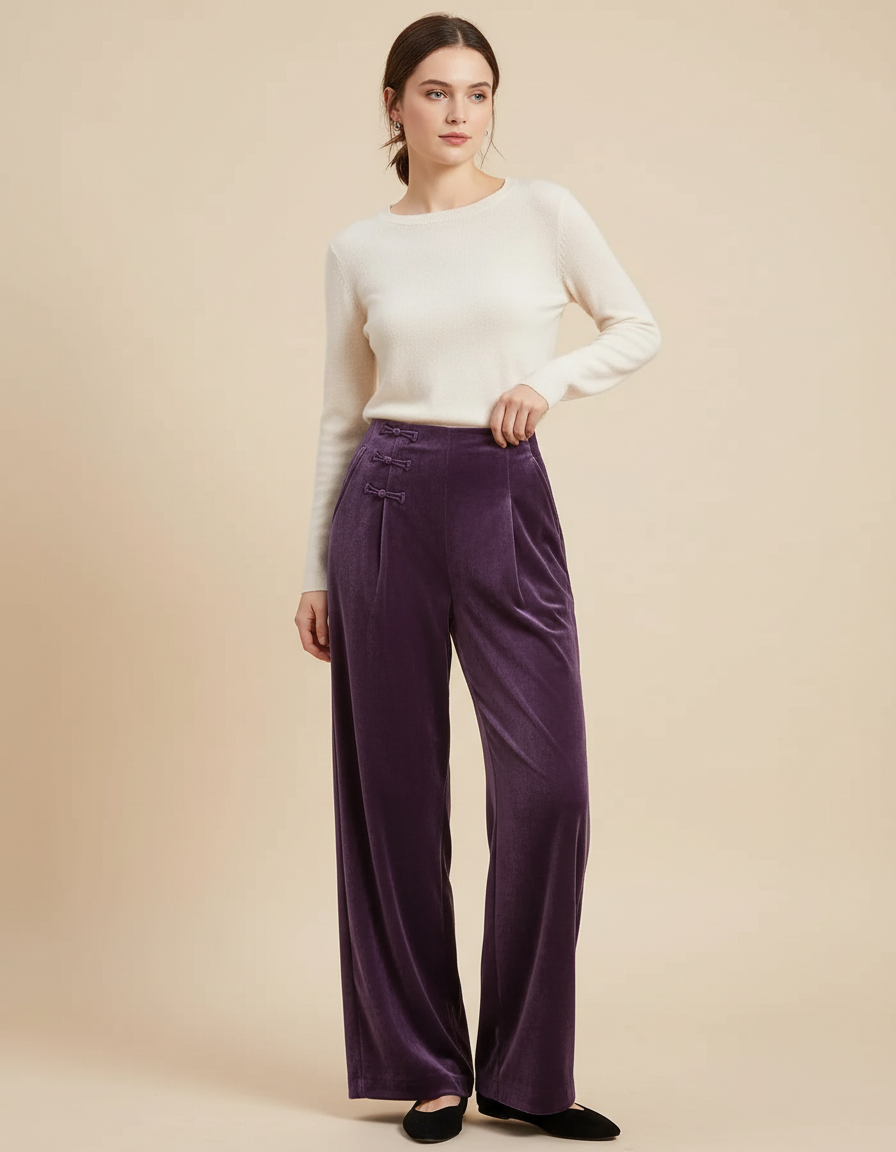 Pantalon Chinois Velours Violet Ample Taille Haute Femme