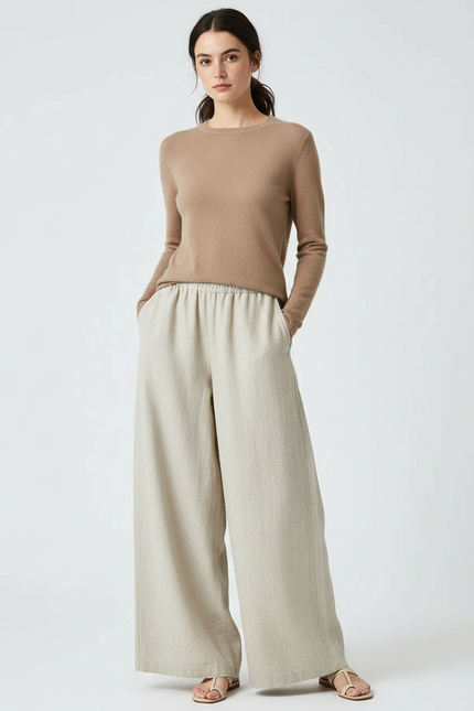 Pantalon Chinois Lin Ample Beige Décontracté Fluide