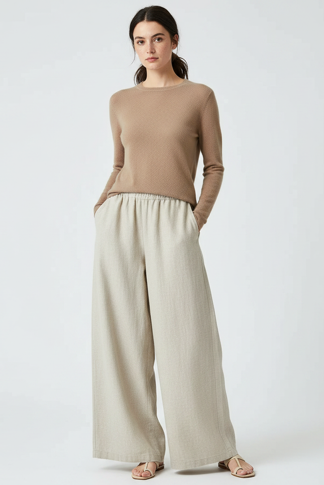 Pantalon Chinois Lin Ample Beige Décontracté Fluide