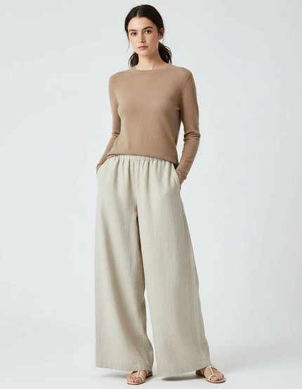 Pantalon Chinois Lin Ample Beige Décontracté Fluide