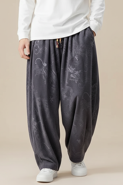 Pantalon Chinois Gris Côtelé Brodé Dragon Ample - Cordé