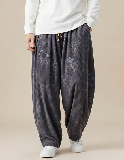 Pantalon Chinois Gris Côtelé Brodé Dragon Ample - Cordé