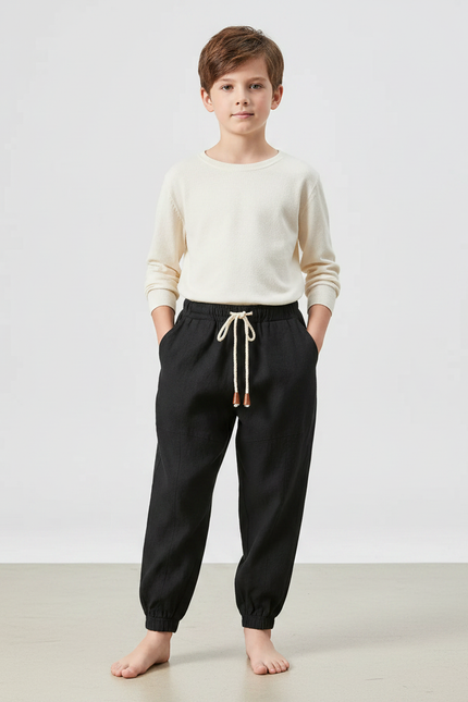Pantalon Chinois Noir Ample Coton Enfant Garçon - Lin