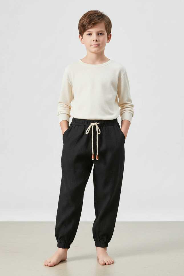 Pantalon Chinois Noir Ample Coton Enfant Garçon - Lin