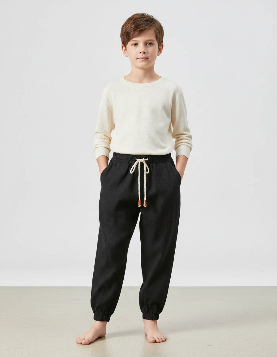 Pantalon Chinois Noir Ample Coton Enfant Garçon - Lin