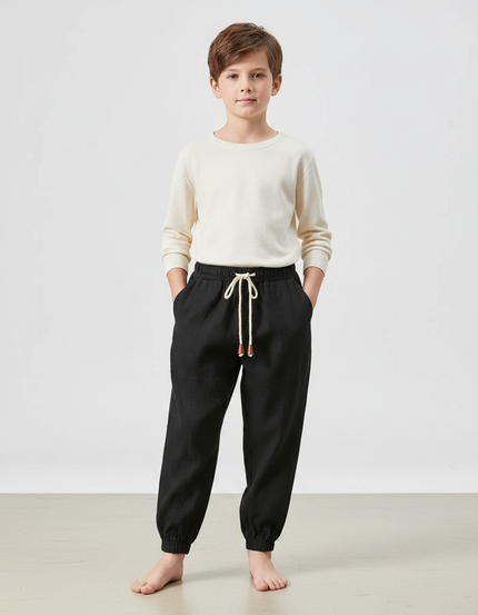 Pantalon Chinois Noir Ample Coton Enfant Garçon - Lin