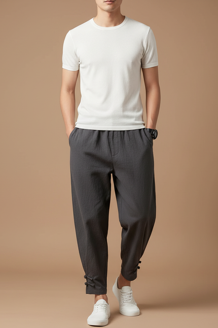 Pantalon Chinois Coton Lin Ample Gris Décontracté