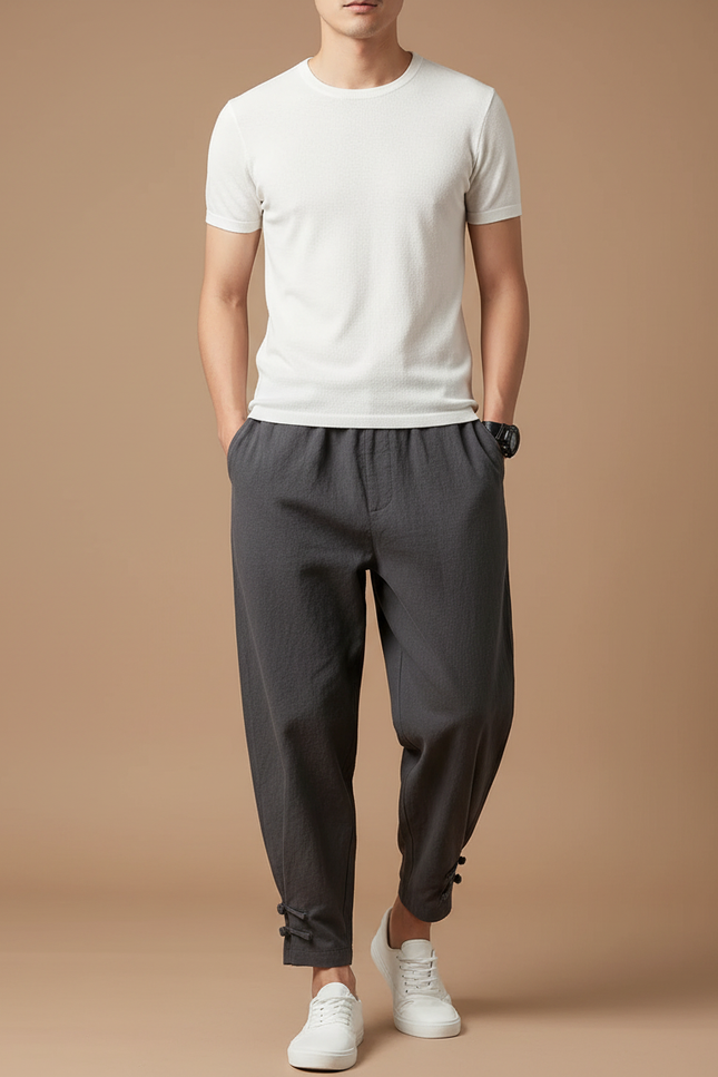Pantalon Chinois Coton Lin Ample Gris Décontracté