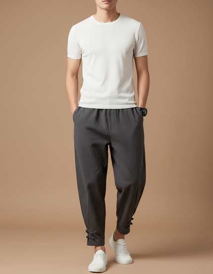 Pantalon Chinois Coton Lin Ample Gris Décontracté