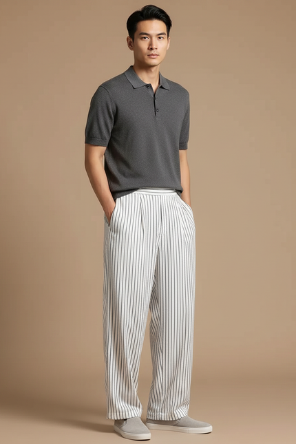 Pantalon Chinois Blanc Rayé Fluide Ample Homme - Viscose