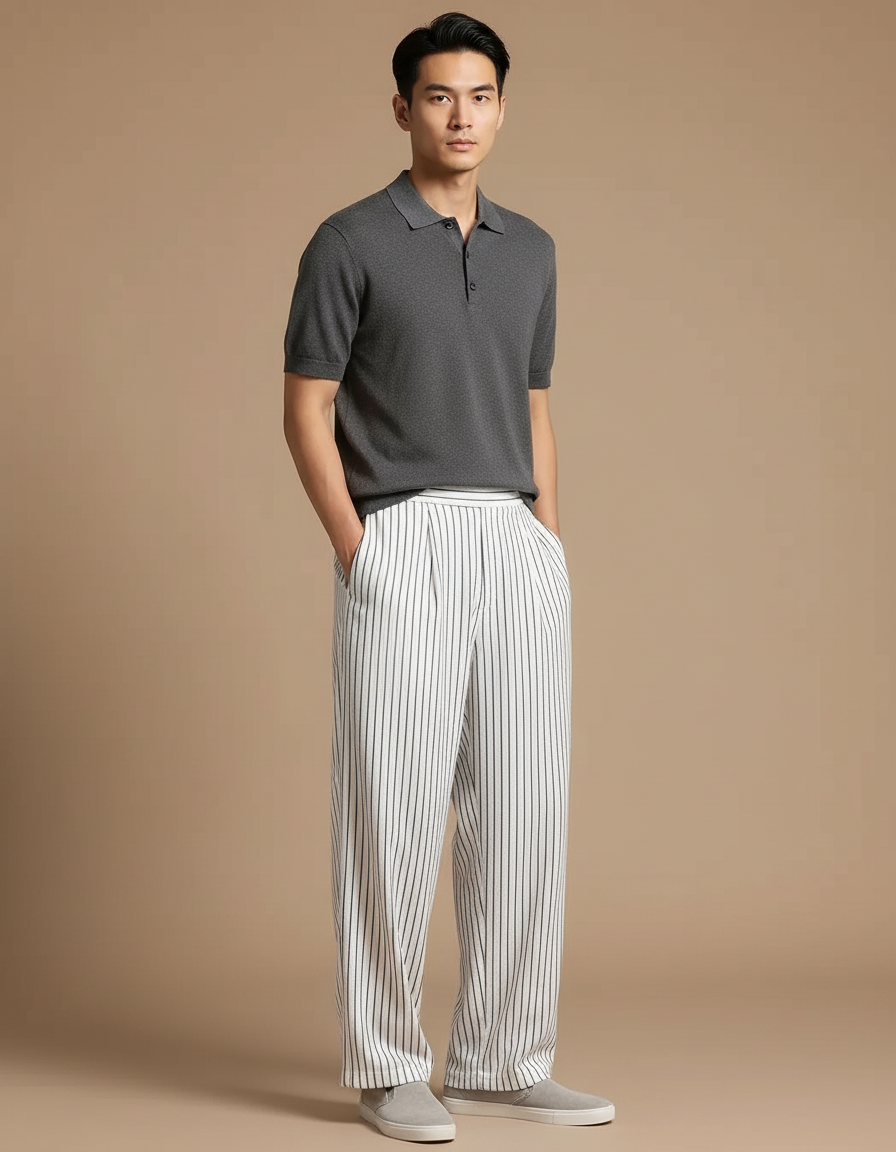 Pantalon Chinois Blanc Rayé Fluide Ample Homme - Viscose