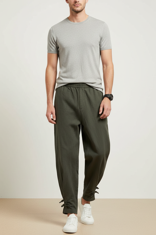 Pantalon Chinois Vert Ample Coton Liens Cheville Homme