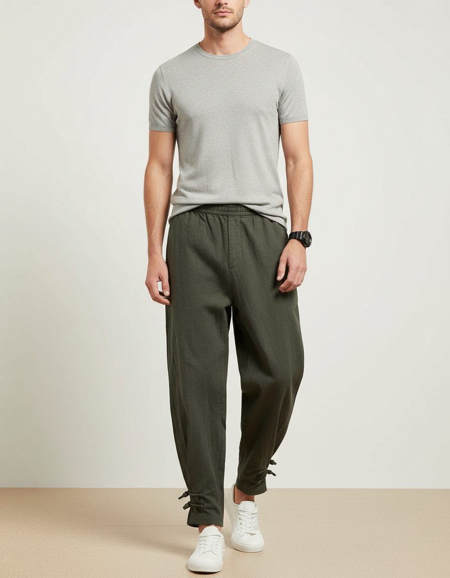Pantalon Chinois Vert Ample Coton Liens Cheville Homme