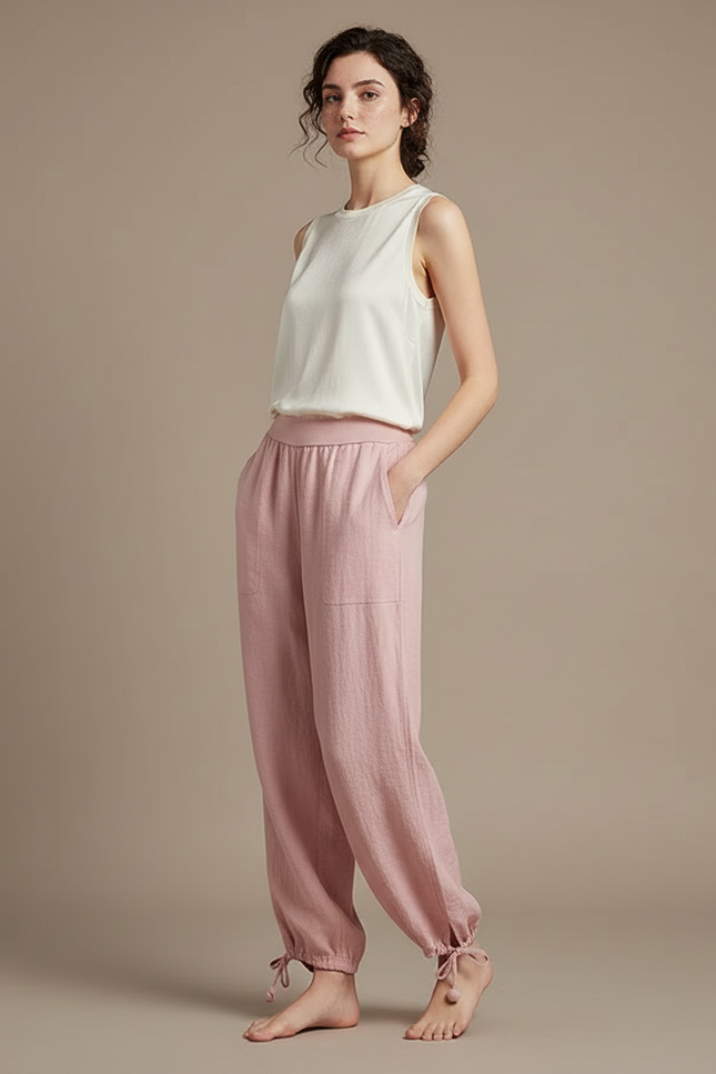 Pantalon Chinois Rose Ample Coton Lin Femme