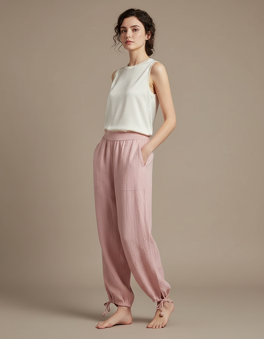 Pantalon Chinois Rose Ample Coton Lin Femme