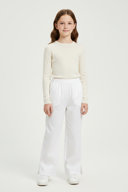 Pantalon Chinois Blanc Ample Fluide Fille Coton