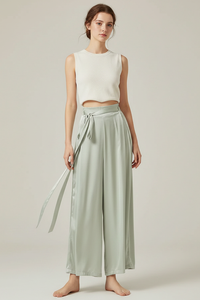 Pantalon Chinois Vert Satiné Ample Fluide Élégant