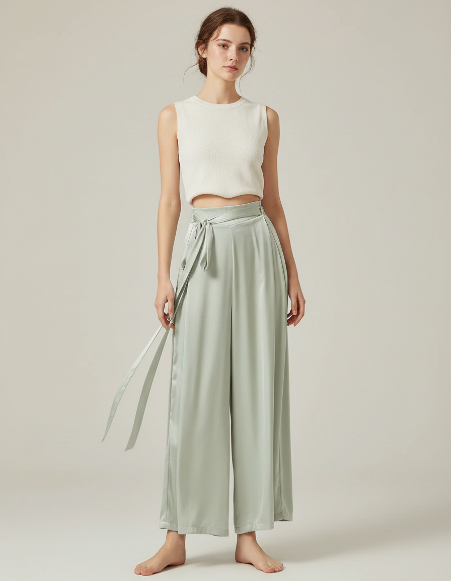 Pantalon Chinois Vert Satiné Ample Fluide Élégant