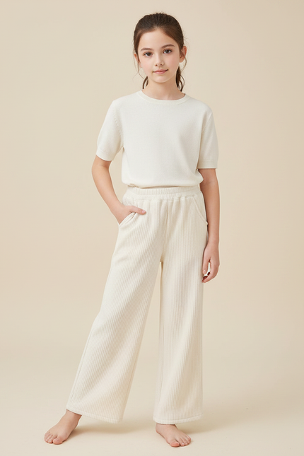 Pantalon Chinois Crème Côtelé Ample Confortable Fille - Beige Cordé
