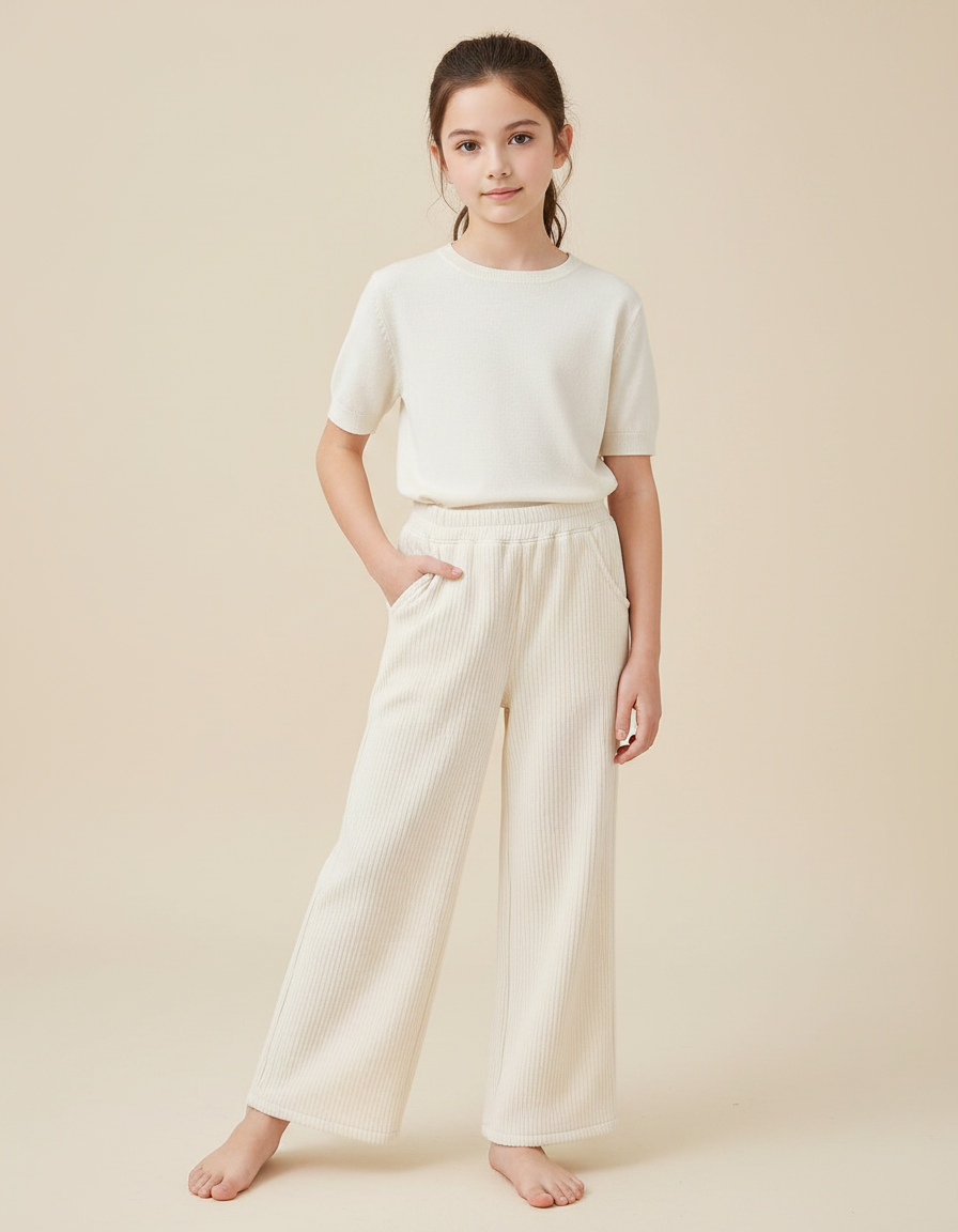 Pantalon Chinois Crème Côtelé Ample Confortable Fille - Beige Cordé