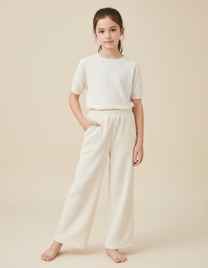 Pantalon Chinois Crème Côtelé Ample Confortable Fille - Beige Cordé