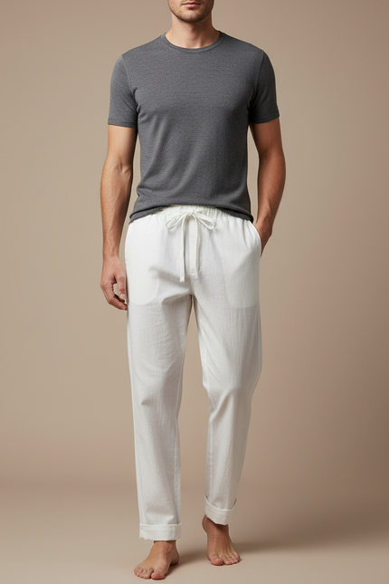 Pantalon Chinois Blanc Coton Ample Décontracté Homme - Lin