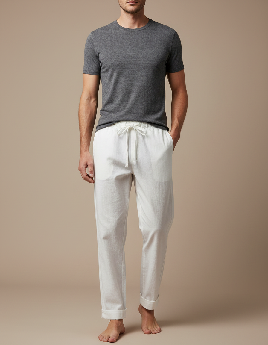 Pantalon Chinois Blanc Coton Ample Décontracté Homme - Lin