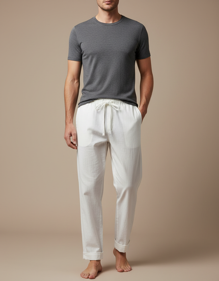 Pantalon Chinois Blanc Coton Ample Décontracté Homme - Lin