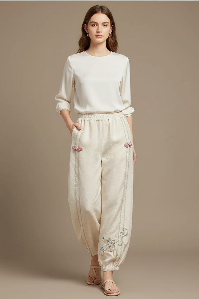 Pantalon Chinois Crème Brodé Ample Élégant Femme - Beige Lin