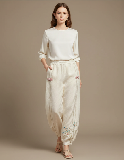 Pantalon Chinois Crème Brodé Ample Élégant Femme - Beige Lin