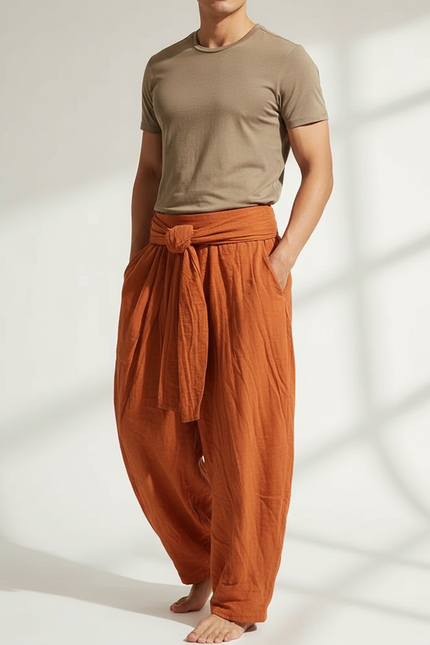Pantalon Chinois Harem Orange Lin Plissé Décontracté Homme
