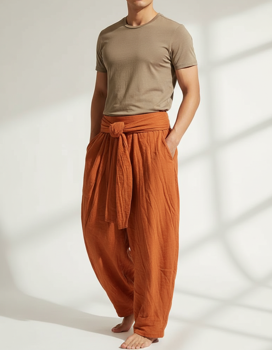 Pantalon Chinois Harem Orange Lin Plissé Décontracté Homme