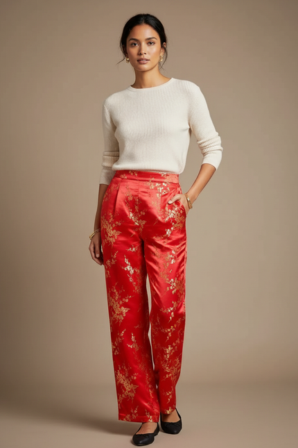 Pantalon Chinois Rouge Satiné Fleuri Doré Ample Élégant