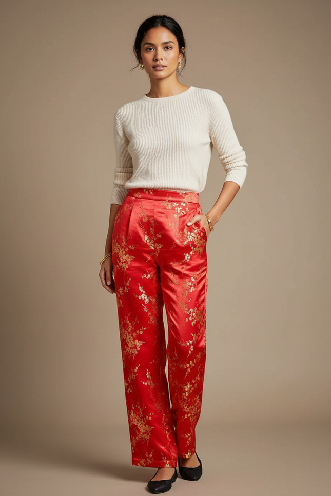 Pantalon Chinois Rouge Satiné Fleuri Doré Ample Élégant