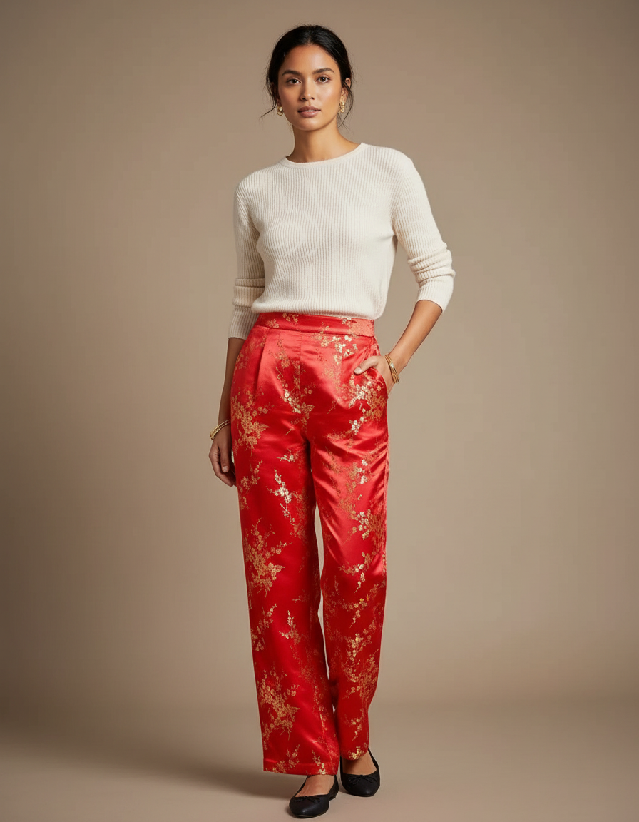 Pantalon Chinois Rouge Satiné Fleuri Doré Ample Élégant