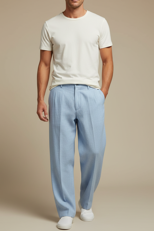 Pantalon Chinois Bleu Ciel Lin Ample Plissé Homme