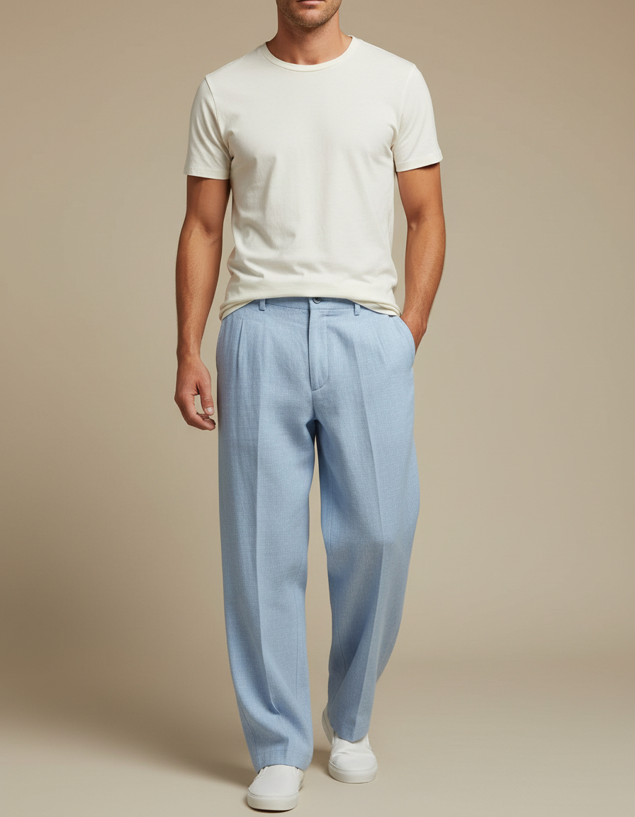 Pantalon Chinois Bleu Ciel Lin Ample Plissé Homme